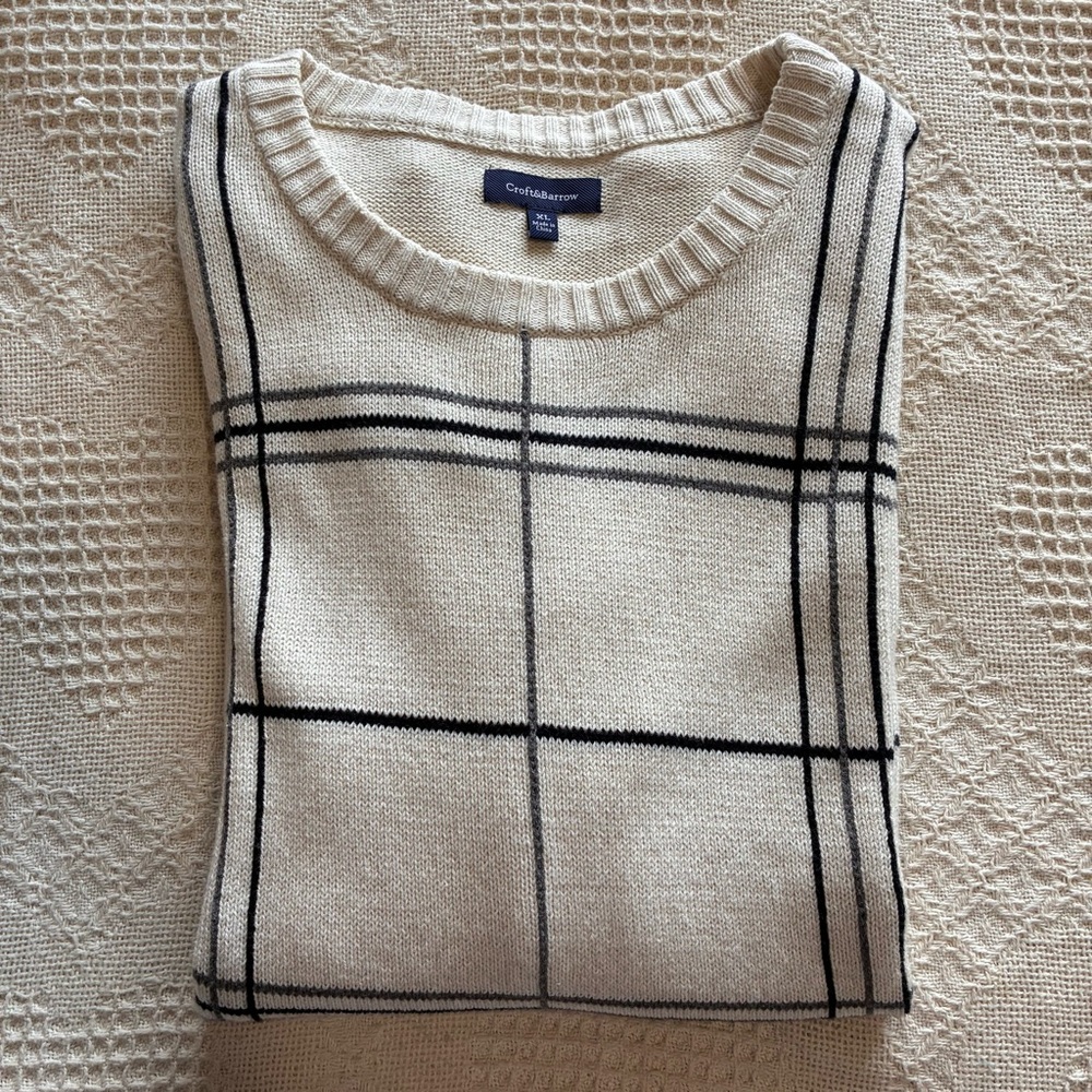 Croft & Barrow Cotton Knit Sweater Crew Neck Ivory Plaid Men’s Size XL